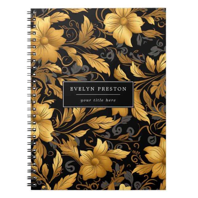 Carnet Élégant Noir Or Floral Feuille Script botanique (Devant)