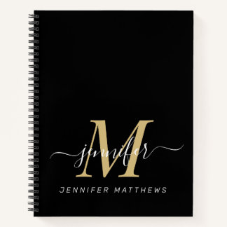 Carnet Élégant Noir Or Nom du monogramme personnalisé