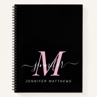 Carnet Élégant Noir Rose Personnalisé Nom Monogramme