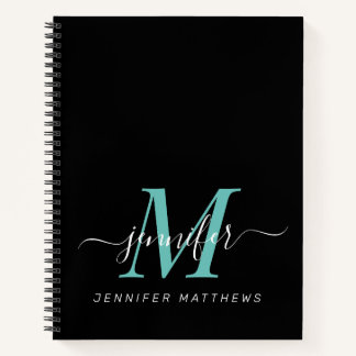 Carnet Élégant Noir Turquoise Personnalisé Nom Monogramme