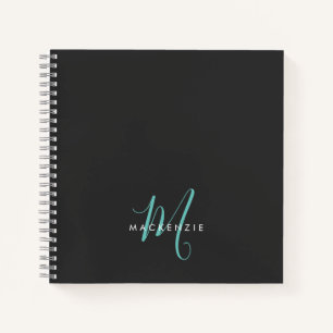 Carnet Élégant Noir Turquoise Script Monogramme moderne