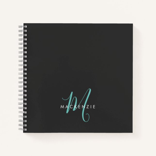 Carnet Élégant Noir Turquoise Script Monogramme moderne (Devant)
