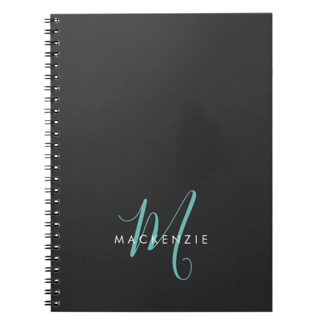 Carnet Élégant Noir Turquoise Script Monogramme moderne (Devant)