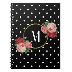 Carnet Élégant noir Vintage Rose fleurs Dots Monogramme