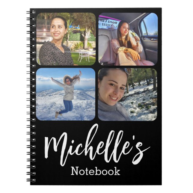 Carnet élégant personnalisé 4 photos collage noir blanc (Devant)