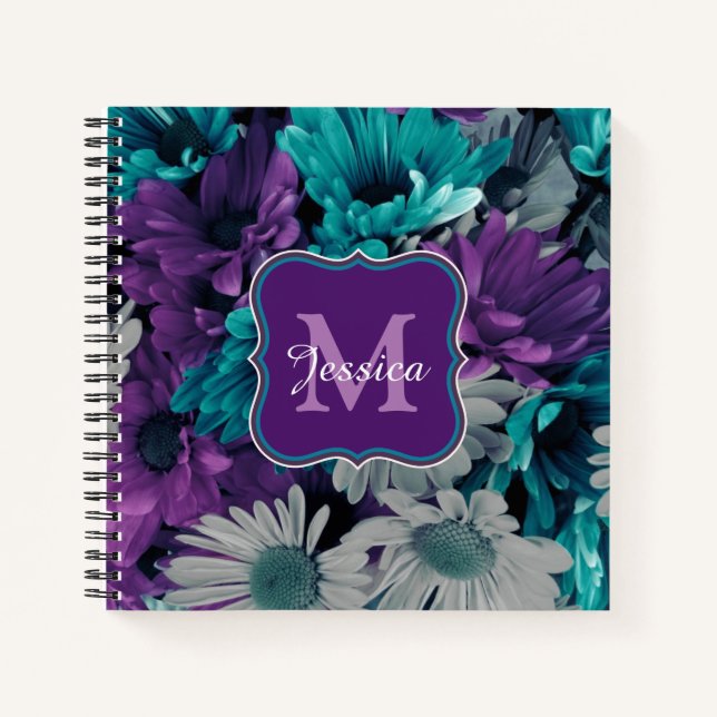 Carnet Elégant Personnalisé Purple et Fleurs Bleues (Devant)