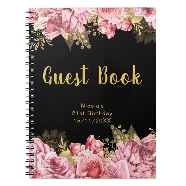 Carnet Elegant Pink and Gold Flowers Birthday Guest Book (Devant)