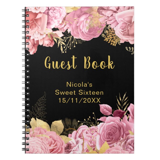Carnet Elegant Pink and Gold Flowers Sweet Sixteen (Devant)