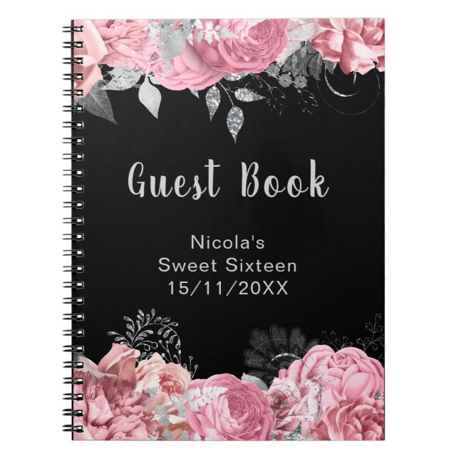 Carnet Elegant Pink and Silver Flowers Sweet Sixteen (Devant)
