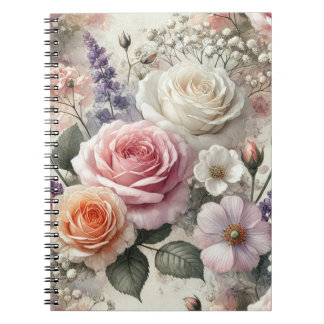 Carnet Elegant Pink and White Rose Pattern Spiral