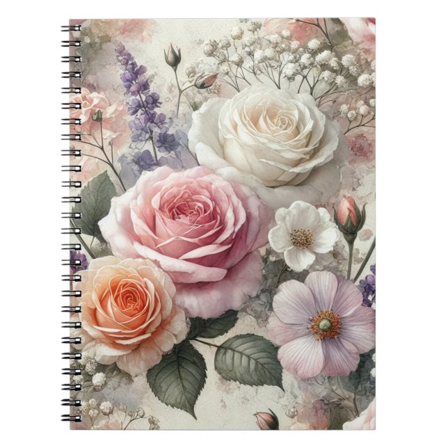 Carnet Elegant Pink and White Rose Pattern Spiral (Devant)