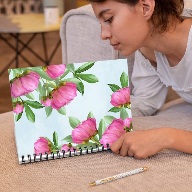 Carnet Élégant Pink Chic Floral Peonies (Simple pretty pink peonies and greenery spiral notebook)