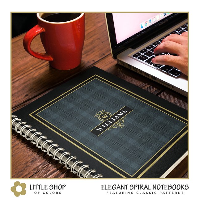 Carnet Élégant Plaid Monogrammé à Carreaux Noirs Dorés (Créateur téléchargé)