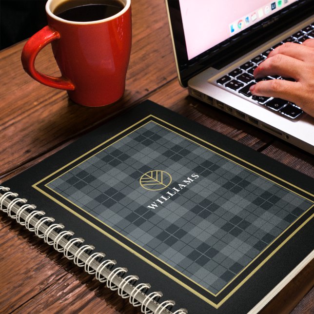 Carnet Élégant Plaid Tartan Noir Or Monogrammé (Créateur téléchargé)