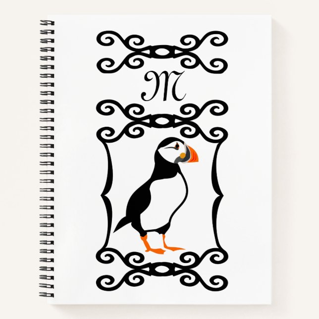 Carnet Elégant Puffin dans un Monogramme de cadre de fer  (Devant)