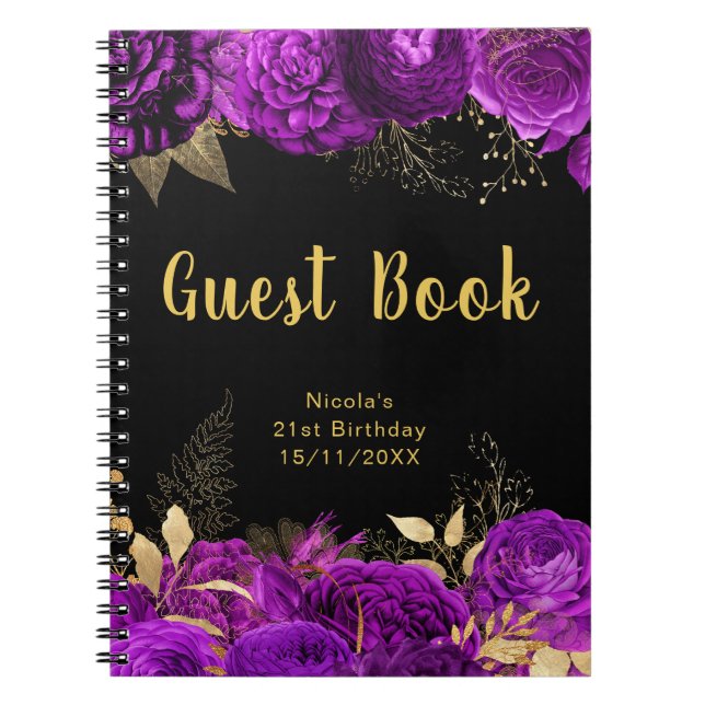 Carnet Elegant Purple and Gold Flower Birthday Guest Book (Devant)