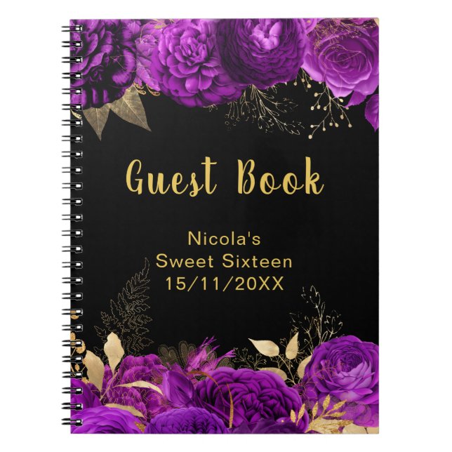 Carnet Elegant Purple and Gold Flowers Sweet Sixteen (Devant)