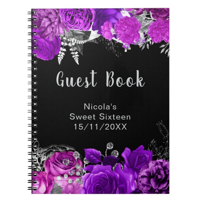 Carnet Elegant Purple and Silver Flowers Sweet Sixteen (Devant)