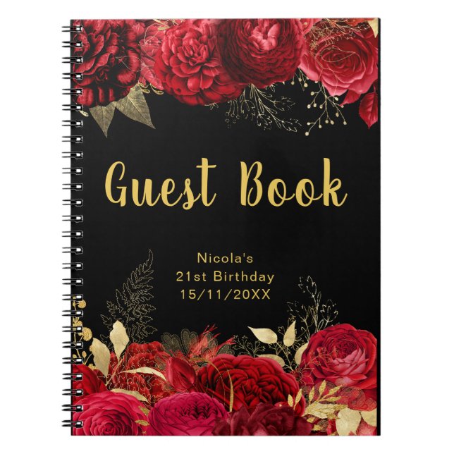 Carnet Elegant Red and Gold Flowers Birthday Guest Book (Devant)