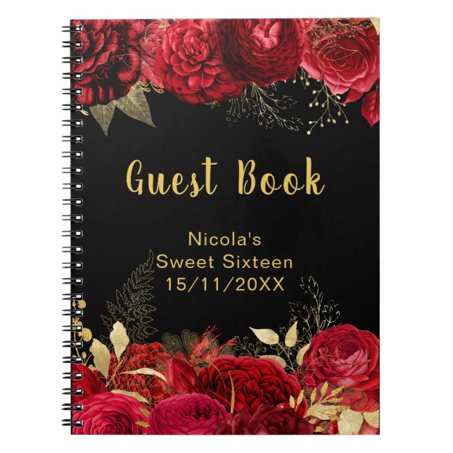Carnet Elegant Red and Gold Flowers Sweet Sixteen (Devant)