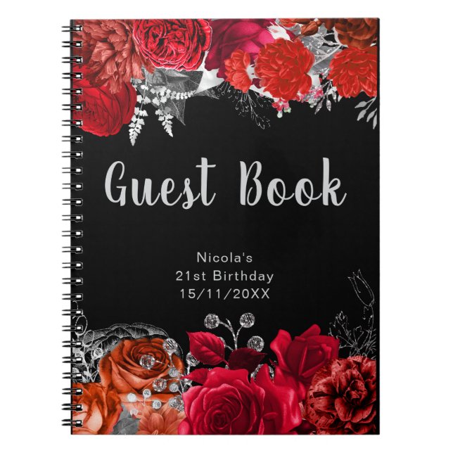 Carnet Elegant Red and Silver Flowers Birthday Guest Book (Devant)