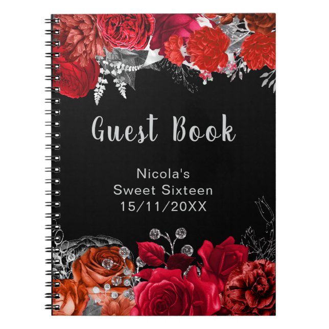Carnet Elegant Red and Silver Flowers Sweet Sixteen (Devant)