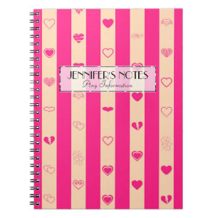 Carnet Élégant rose chaud rayures Motif de coeur moderne