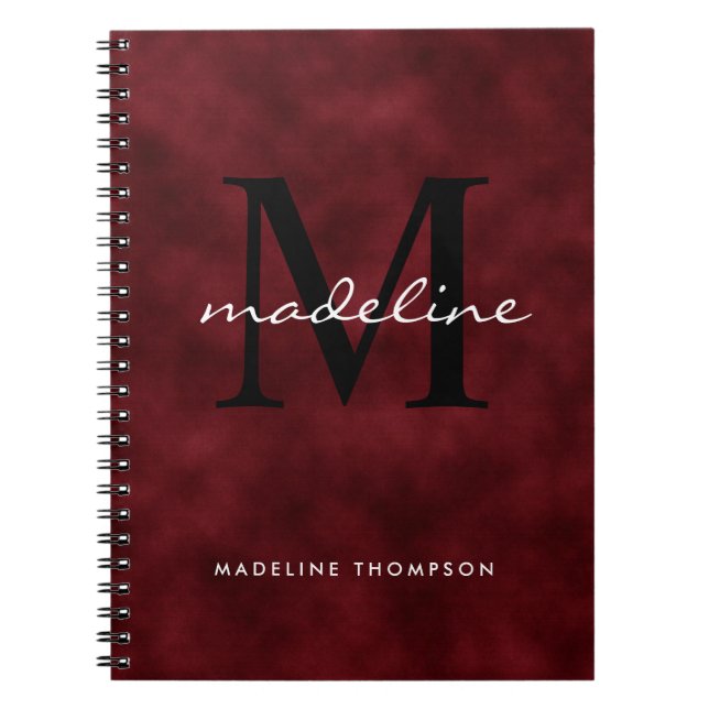 Carnet Élégant Rouge Velvet Script Monogramme noir (Devant)