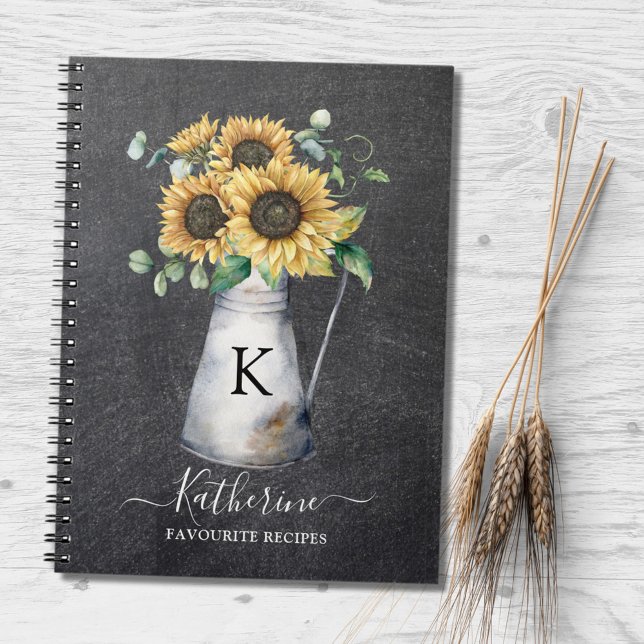 Carnet Élégant Rustique Monogramme Tournesol Noir Recette (In situ)