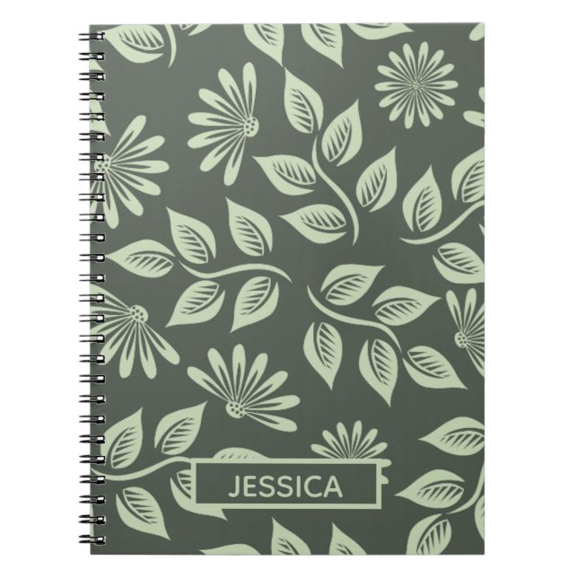 Carnet Élégant Sage Vert Vintage Floral Personnalisé (Devant)
