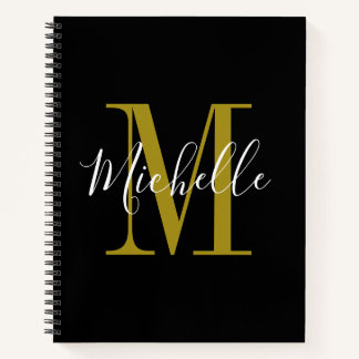 Carnet Élégant Script Black Gold Monogramme Nom