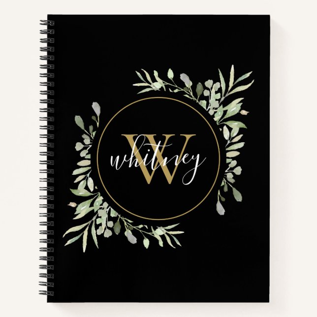 Carnet Élégant Script Floraison Chic Monogramme Noir (Devant)