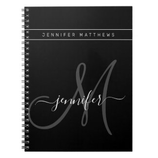 Carnet Élégant script personnalisé Gris noir Monogramme