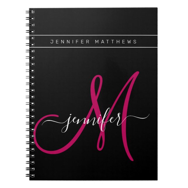 Carnet Élégant script personnalisé Monogramme noir rose (Devant)