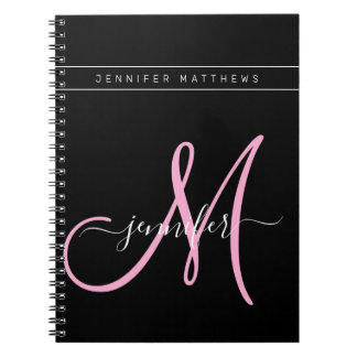 Carnet Élégant script personnalisé Monogramme rose noir