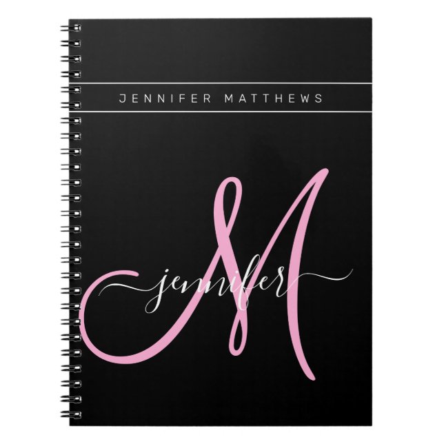 Carnet Élégant script personnalisé Monogramme rose noir (Devant)