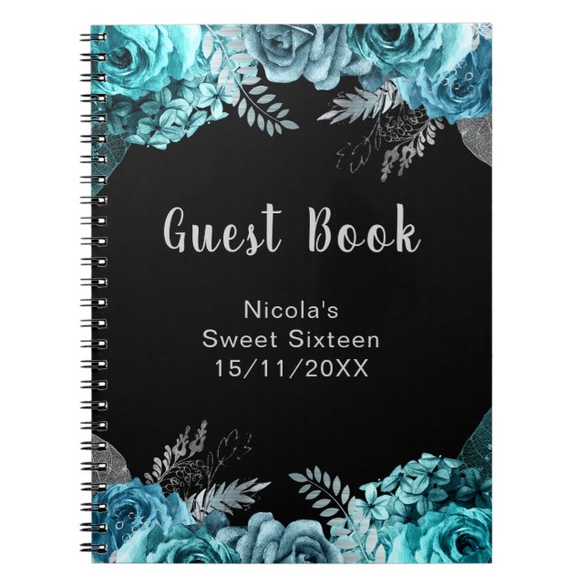 Carnet Elegant Teal Blue and Silver Flowers Sweet Sixteen (Devant)