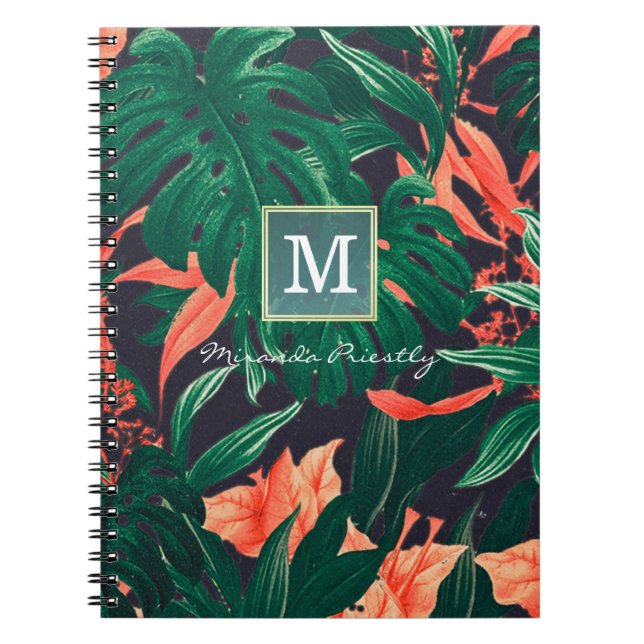 Carnet Élégant Tropical Floral moderne cadre or Monogramm (Devant)
