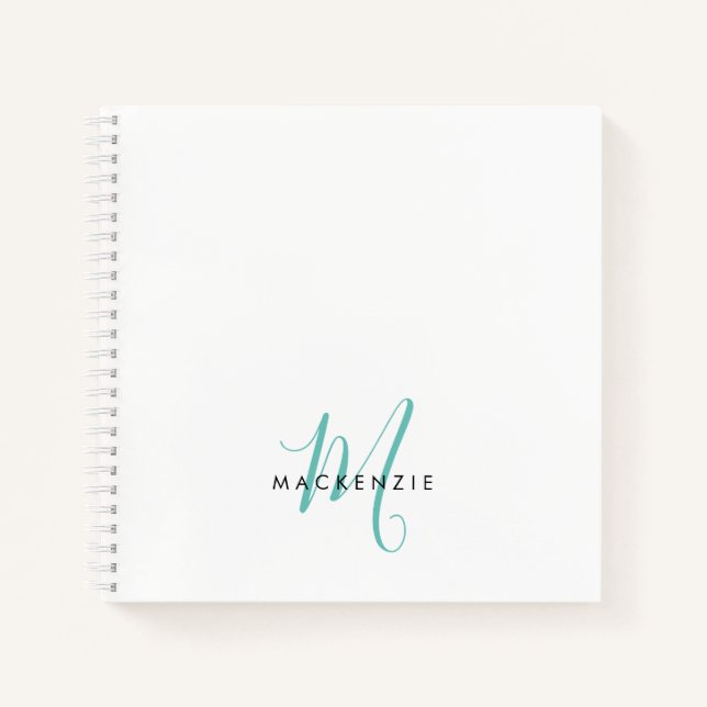 Carnet Élégant Turquoise de script blanc moderne Monogram (Devant)