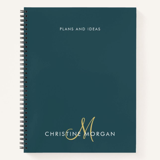 Carnet Élégant vert foncé et nom or monogramme initial (Devant)