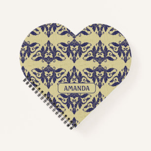 Carnet Elégant vintage damassé marine bleu jaune monogram