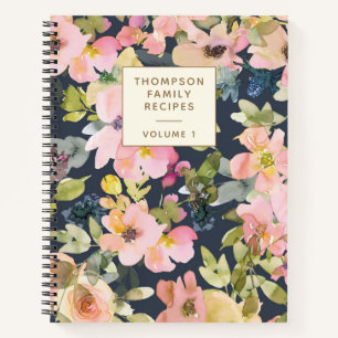 Carnet Elégant Vintage Navy Floral Recette personnalisé