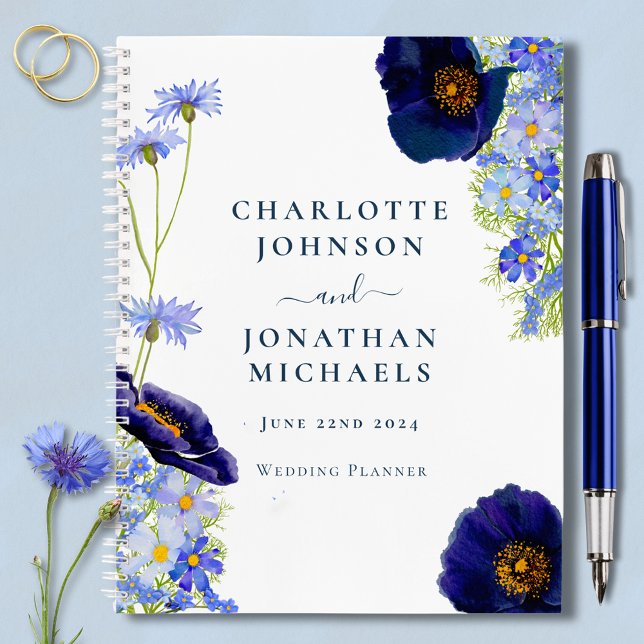 Carnet Élégant Wedding planner bleu Fleur sauvage (Elegant wildflower watercolor blue wedding organizer notebook bride & groom names stylish typography)