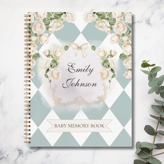 Carnet Elegant White Green Roses Baby Girl Memory Book (In situ)