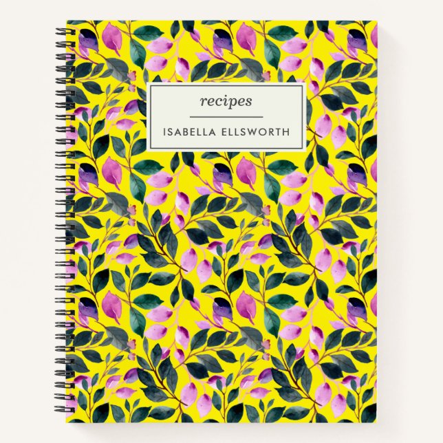 Carnet Elégante aquarelle Floral Jaune Nom Recette (Devant)