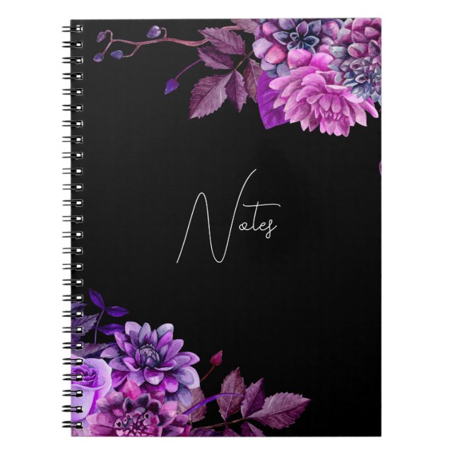 Carnet Elégante aquarelle jardin fleuri noir et violet (Devant)
