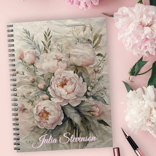Carnet Elégante Aquarelle Peonies avec Pastel Greenery (Créateur téléchargé)