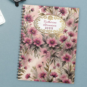 Carnet Elégante Aquarelle Serène rose et violet Fleurs