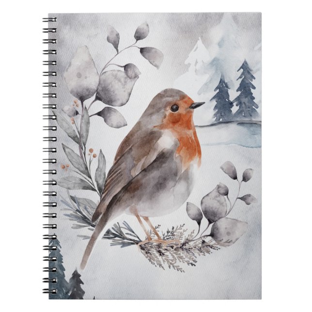 Carnet Elégante aquarelle Winter American Robin (Devant)