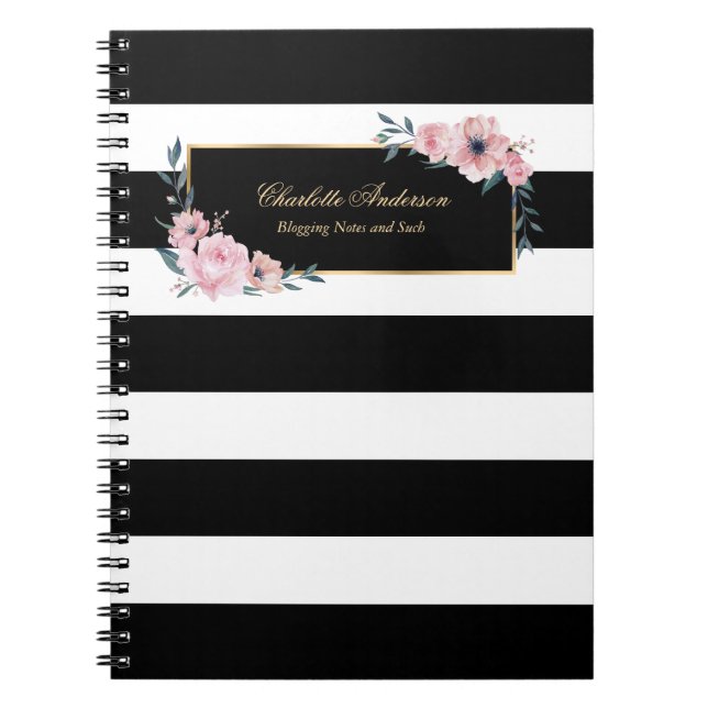 Carnet Élégante Fille Noir Blancs Pink Floral (Devant)